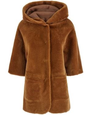 Suprema Shearling Jacket With Hood And Wide Sleeves - Brown