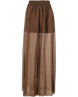 Plain Pants With Elastic Waist And Semi-Transparent Design - Brown