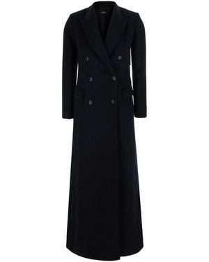 Le Plain Long Double-Breasted Coat With Peak Revers - Black