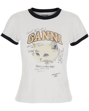 Ganni Crewneck T-Shirt With Maxi Logo On The Front - White
