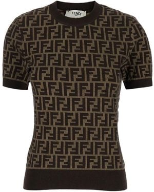 Fendi T-Shirt With Short Sleeves And All-Over Ff Motiv - Black