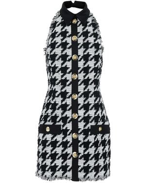 Balmain And Halterneck Mini Dress With Houndstooth Motif - White