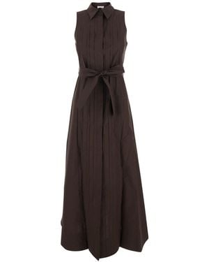 P.A.R.O.S.H. Sleeveless Long Dress With Classic Collar And Front Belt - Brown