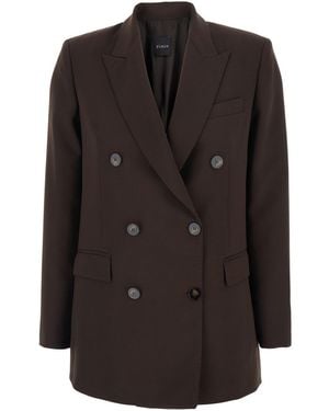 Plain Double-Breasted Jacket With Peak Revers - Brown