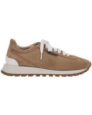 Brunello Cucinelli Low Top Trainers With Monil Detail On The Side And Logo Lettering On The Tongue - Brown