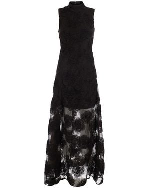 ROTATE BIRGER CHRISTENSEN Sleeveless Long Dress With High Collar And All-Over Floral Embroidery - Black