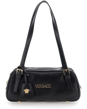 Versace Borsa A Spalla Con Logo Lettering Sul Fronte E Placca Medusa I - Nero