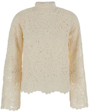 Semicouture Lace Pull With Lace Details And Long Sleeves - White
