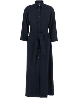 Plain Long Dress With Classic Collar And Front Button Closure In - Blue