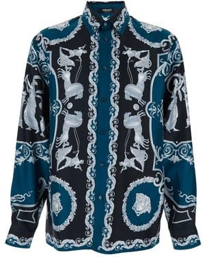 Versace Shirt With Classic Collar And All-Over Silk Print For - Blue