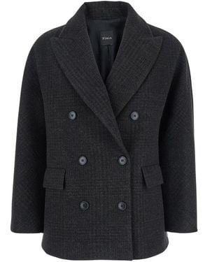 Plain Double-Breasted Jacket With Peak Revers And All-Over Check - Black