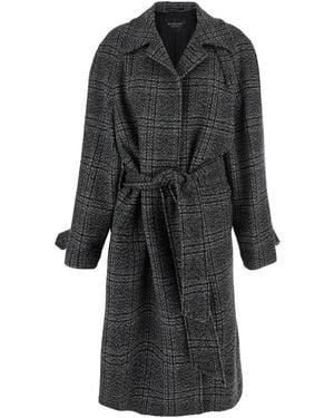 Balenciaga Coat With Wide Notched Revers And All-Over Check Motif - Black