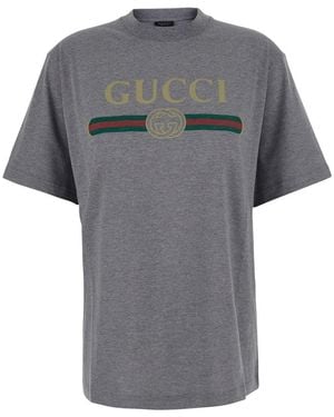 Gucci Crew Neck T-Shirt With Logo Print On The Front - Grey