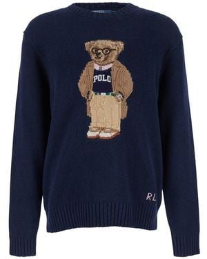 Polo Ralph Lauren Maglione Con Ricamo Logo Sul Fronte E Logo Lettering - Blu