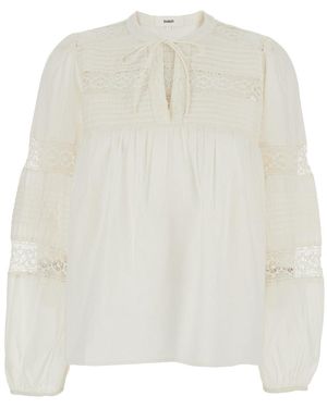Ba&sh Round Neck Blouse With Knot Closure And Embroidery Design - White