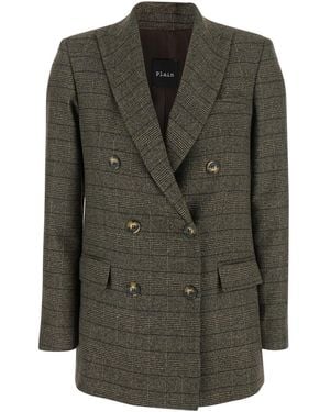 Plain Double-Breasted Jacket With Peak Revers And All-Over Strip - Green