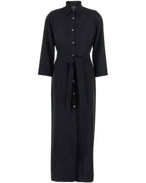 Plain Long Dress With Classic Collar And Front Button Closure In - Black