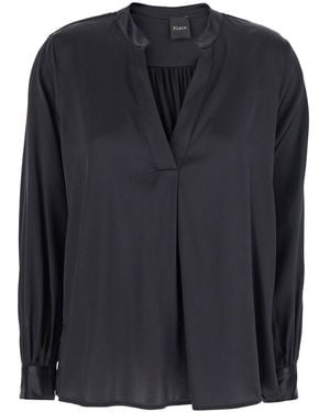Plain Blouse With V Neck And Buttoned Cuffs - Black