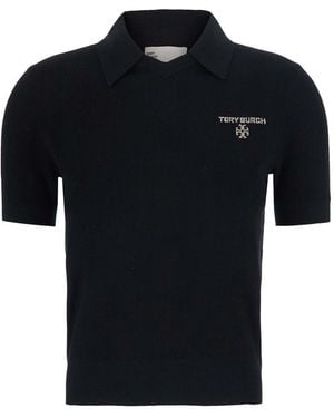 Tory Burch Simone Wool Polo With Long Sleeves And V-Neck For Wom - Black