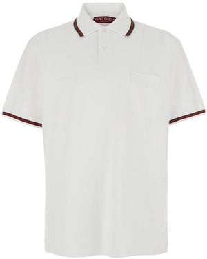 Gucci Polo Con Dettaglio Web Su Colletto E Maniche E Logo Lettering To - Bianco