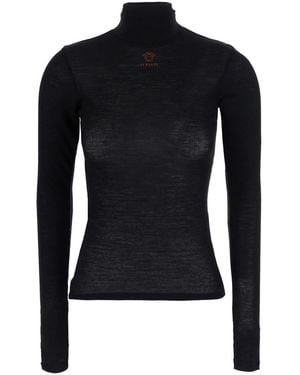 Versace T-Shirt Nera Con Logo E Ricamo Medusa - Blu