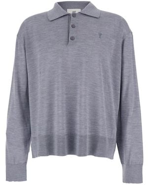 Ami Paris Polo Shirt With Classic Collar And Adc Embroidery On The Front - Grey