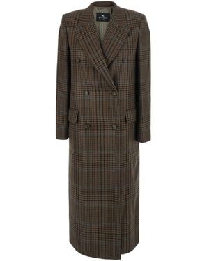 Etro Double-Breasted Coat With Peak Revers And Check Motif - Brown