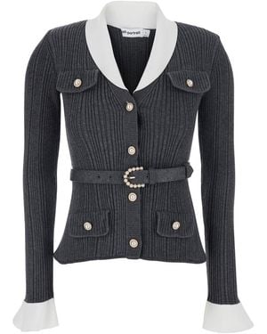 Self-Portrait Cardigan With Ribbed Texture And Long Sleeves - Blue