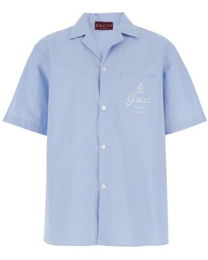Gucci Light Bowling Shirt With Logo Embroidery On The Front And All-Over Striped Motif - Blue