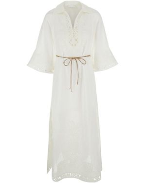 Zimmermann 'Indra' Long Dress With Wide Collar And All-Over Floral Embroidery - White