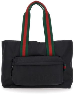 Gucci Tote Bag With Web Handles And Logo Lettering On The Front - Black