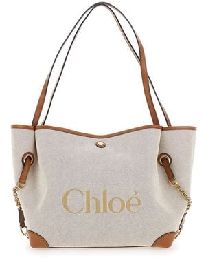 Chloé Shopper Bag 'Clover' With Logo Lettering On The Front And Magnet - Natural
