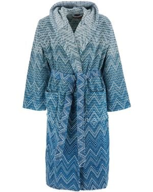 Missoni 'Stone' Bathrobe With Hood And All-Over Zigzag Motif - Blue