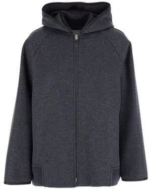 Bottega Veneta Double Face Wool Hooded Blouson With Leather Piping - Nero