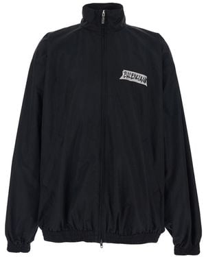 Balenciaga Jacket With High Collar And Logo On Front And Back In - Black
