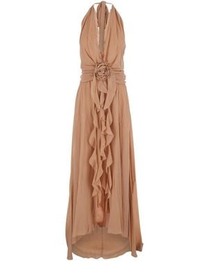 Blumarine Dress 'Georgette Long Dress' With V-Neck And Long Sleev - Natural