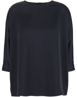 Plain Blouse With Three-Quarter Sleeves - Blue