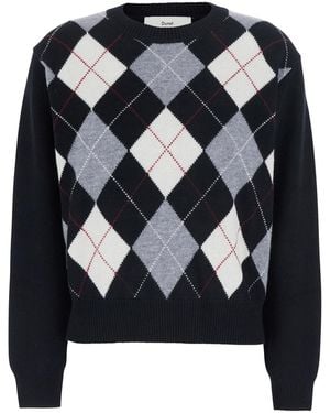 DUNST Argyle Crew Neck Sweater With Round Collar, 100% Wool, Bl - Black