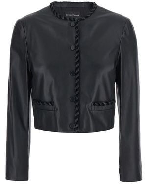 Emporio Armani Crop Crew-Neck Jacket With Interlaced Details In - Black