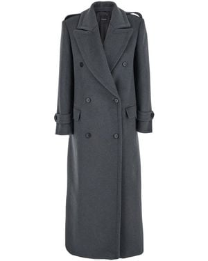 Plain Double-Breasted Coat With Wide Notched Revers - Grey