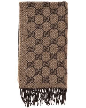 Gucci Scarf With Fringed Hem And All-Over Gg Motif - Brown
