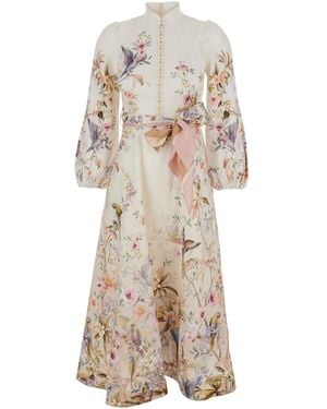 Zimmermann 'Rebellion' Midi Dress With Bow Detail On The Front And All-Over Floral Print - Natural