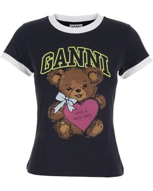 Ganni Crewneck T-Shirt With Maxi Logo On The Front - Black
