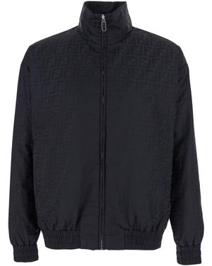 Fendi Jacket With High Neck And All-Over Ff Motif - Blue