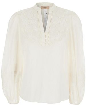 Twinset V-Neck Blouse With Fabric Embroidery For - White