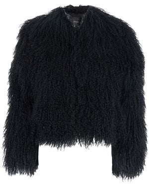 Plain Cropped Fur Jacket With Concealed Front Closure - Black