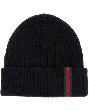 Gucci Ribbed Wool Beanie With Web Detail And Cuffed Brim - Black