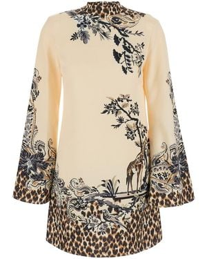 Etro High-Neck Dress With Flared Long Sleeves And Print On - Natural