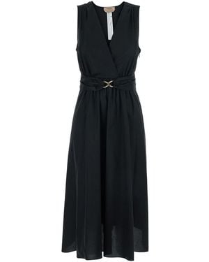 Twinset Long Dress 'Metal Buckle' With V-Neck And Cotton Belt Fo - Black