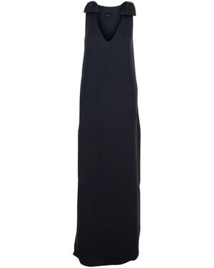 Le Plain Long Dark Dress With V-Neck And Side Slits - Blue